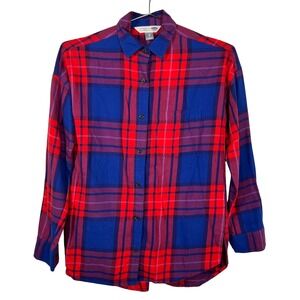 Old Navy The Boyfriend Shirt Womens XS Red Blue Plaid Flannel Cotton Button Down